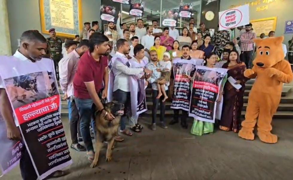 भटक्या कुत्र्यांच्या वाढत्या हल्ल्यांच्या निषेधार्थ राष्ट्रवादी काँग्रेसचे महापालिकेत तीव्र आंदोलन