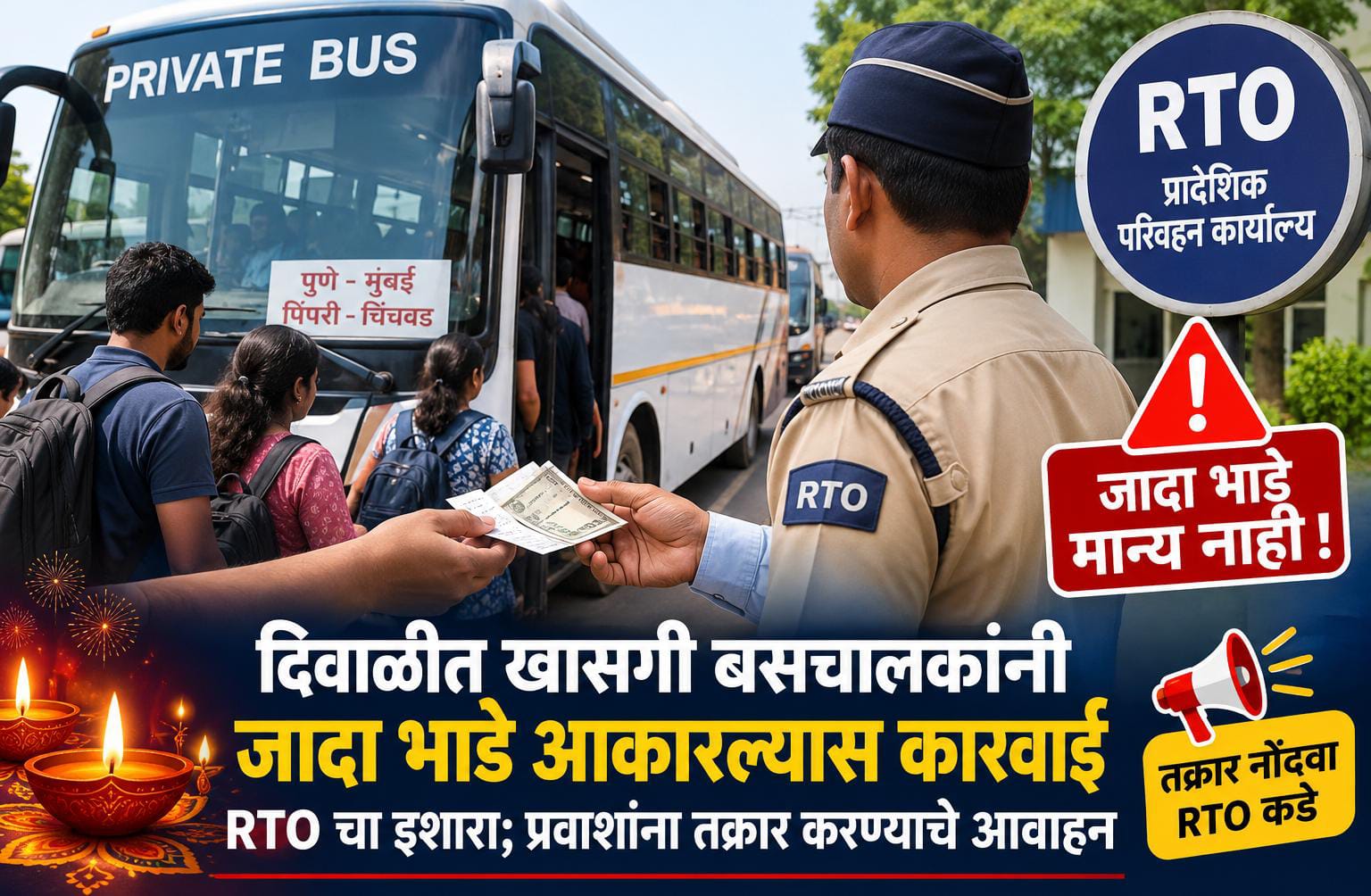 दिवाळीत खासगी बसचालकांनी जादा भाडे आकारल्यास कारवाई, RTO चा इशारा; प्रवाशांना तक्रार करण्याचे आवाहन